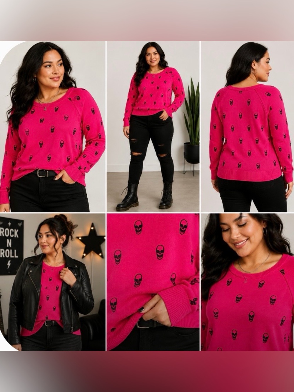 Torrid 1 Plus Size 1X Hot Pink Skull Print Crewneck Sweater Goth Punk Cotton - Picture 8 of 8